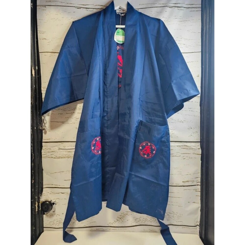Vintage 80s Chinese Embroidered Satin Robe Deadstock Blue Red Size L